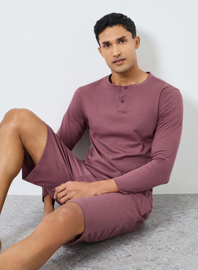 Styli Men Purple Long Sleeve T-Shirt and Shorts Pyjama Set - Image 1
